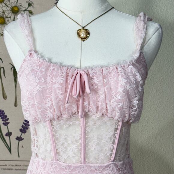 Pink Lace Sheer Ruffle Milkmaid Mini Dress Coquette Dolly Kei Fairy Himekaji XS - Picture 2 of 8